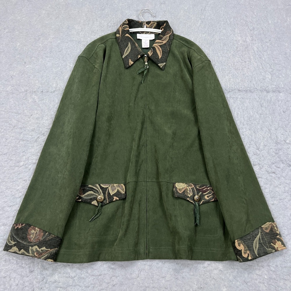 Susan Graver Style Jacket Women's XL Green Suede Flap‎ Pocket Floral Tapistry